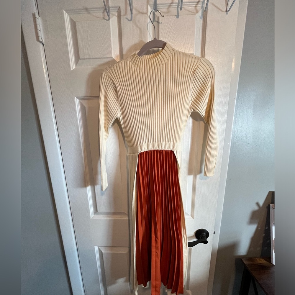 High Neck Long Sleeve Dress - midi cream/ burnt orange size small